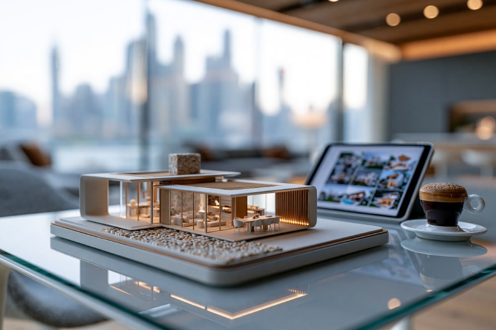 Hochwertiges Maklerbüro mit moderner Einrichtung und stilvoller Inszenierung für professionelle Immobilienfotografie.